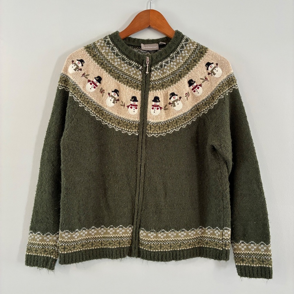 Croft & Barrow Full Zip Sweater Wom M Green Snowman Fair Isle Silk Blend Knit